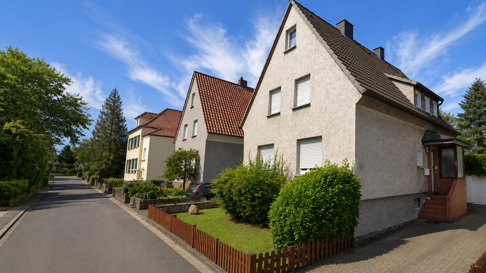 Siedlungshäuser mit Satteldach in einer ruhigen Wohnstraße in Bad Sassendorf