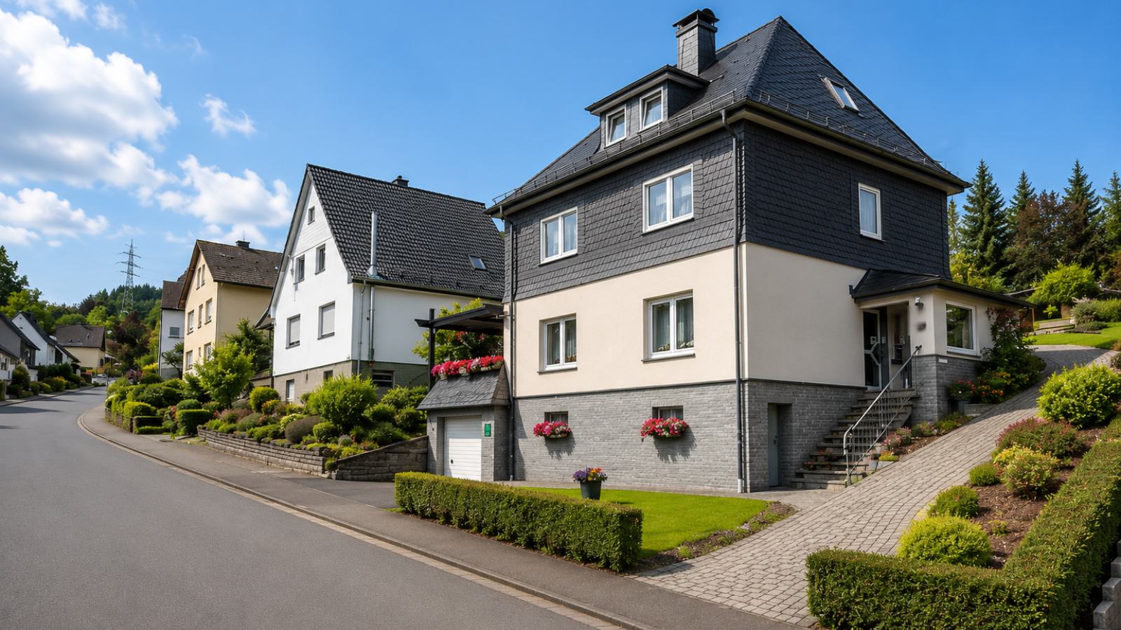 Wohnhäuser in Hanglage an einer Wohnstraße in Bestwig