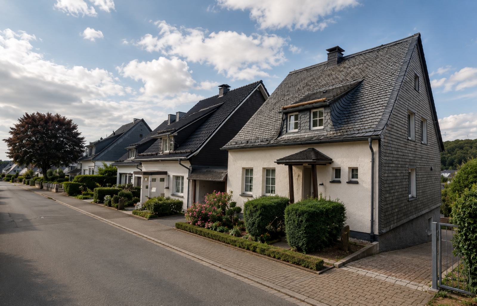Briloner Wohnstraße mit schieferverkleideten Wohnhäusern im Sauerland