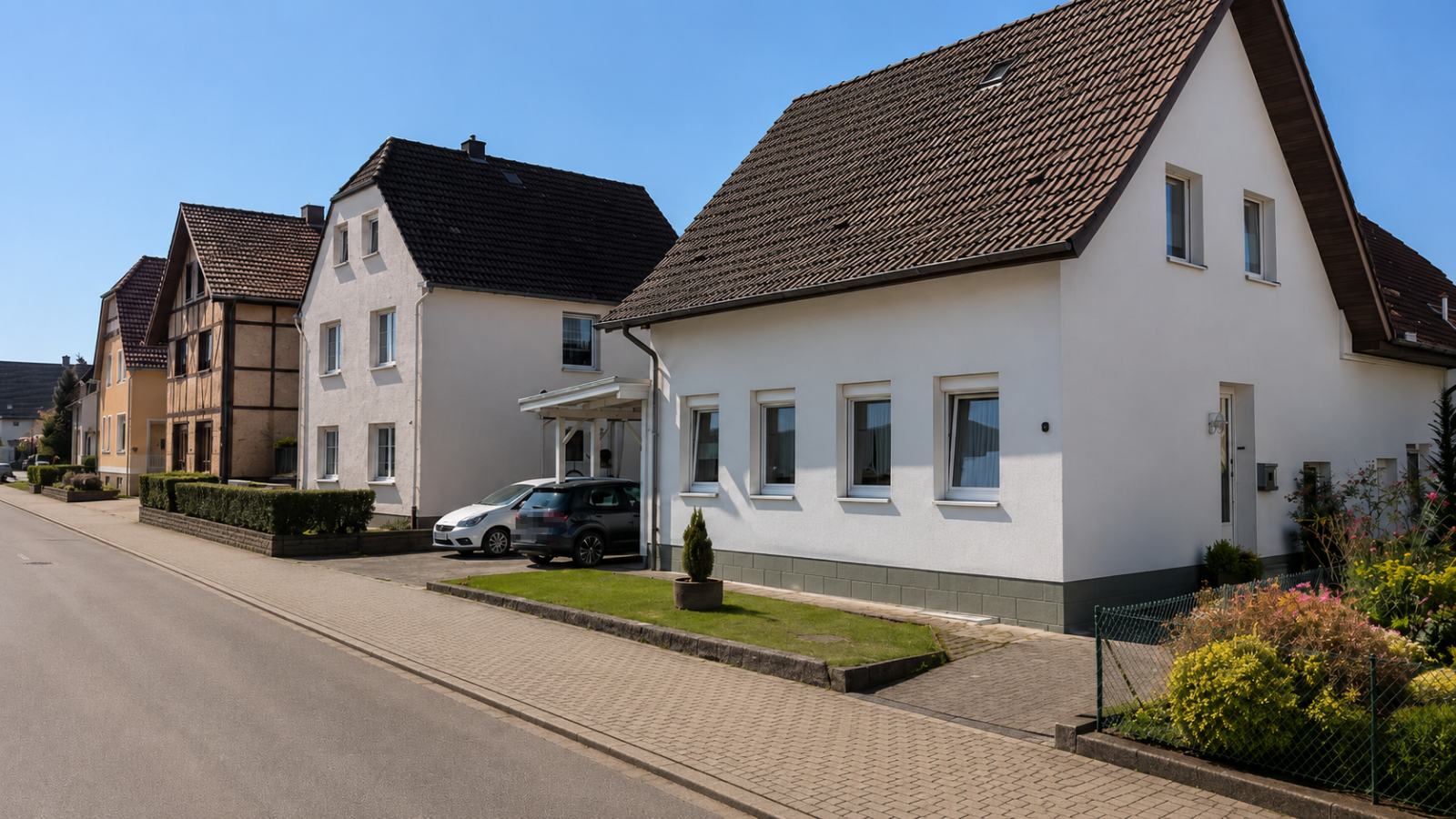 Wohnstraße in Büren mit Fachwerkhaus und massiven Wohnhäusern nebeneinander