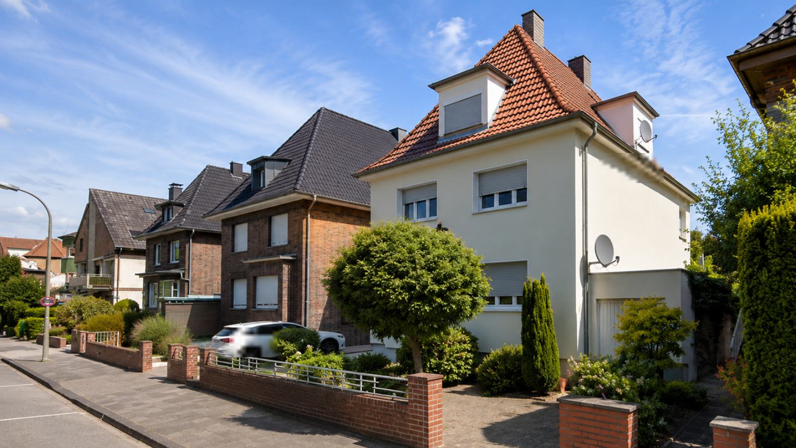 Stadtvilla mit Walmdach in einer Wohnstraße in Hamm