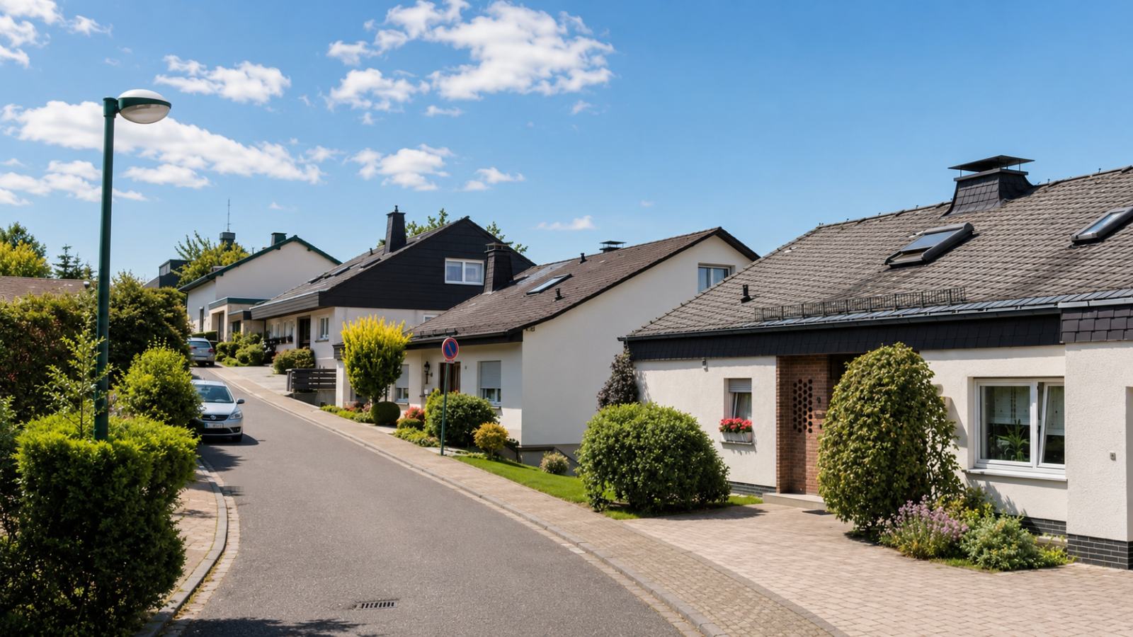 Mescheder Wohnstraße mit Satteldachhäusern und Blick auf die umliegenden Höhen