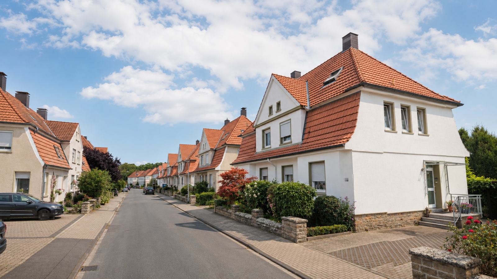 Soester Wohnstraße mit Siedlungshäusern der 1930er- und 1950er-Jahre, Walmdach und Bruchsteinsockel