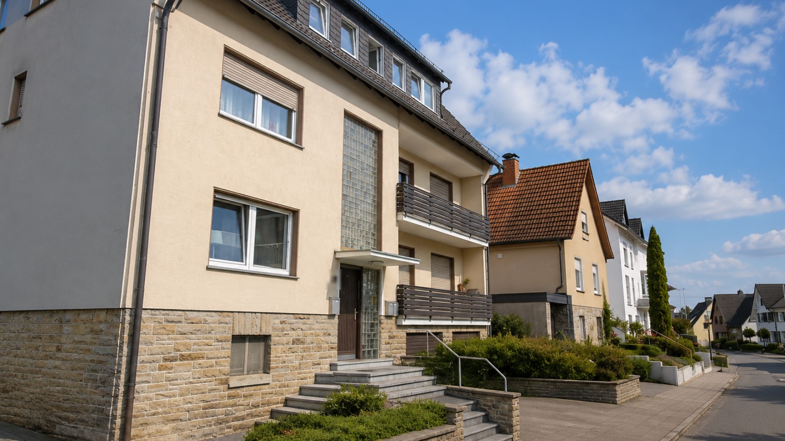Mehrfamilienhaus mit Bruchsteinsockel und Balkonen in Sundern (Sauerland)