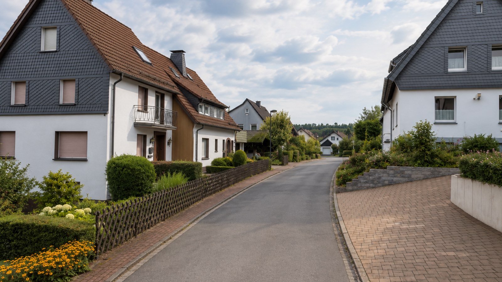 Wohnstraße in Sundern (Sauerland) mit verschieferten Giebeln und Einfamilienhäusern