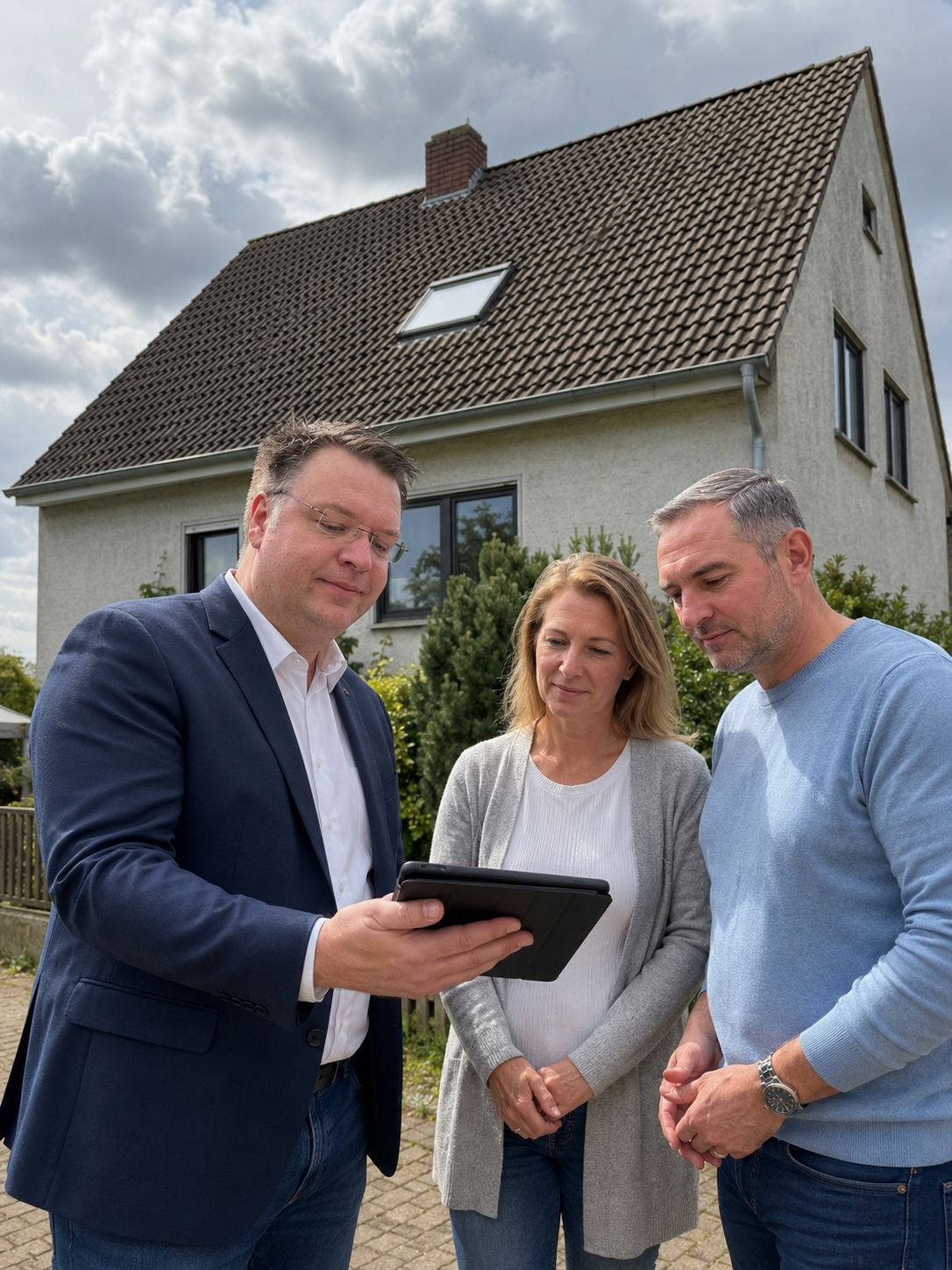 Dipl.-Ing. (FH) Christoph Kölsch, M.Sc. beim Vor-Ort-Termin mit Hauseigentümern vor einem Einfamilienhaus