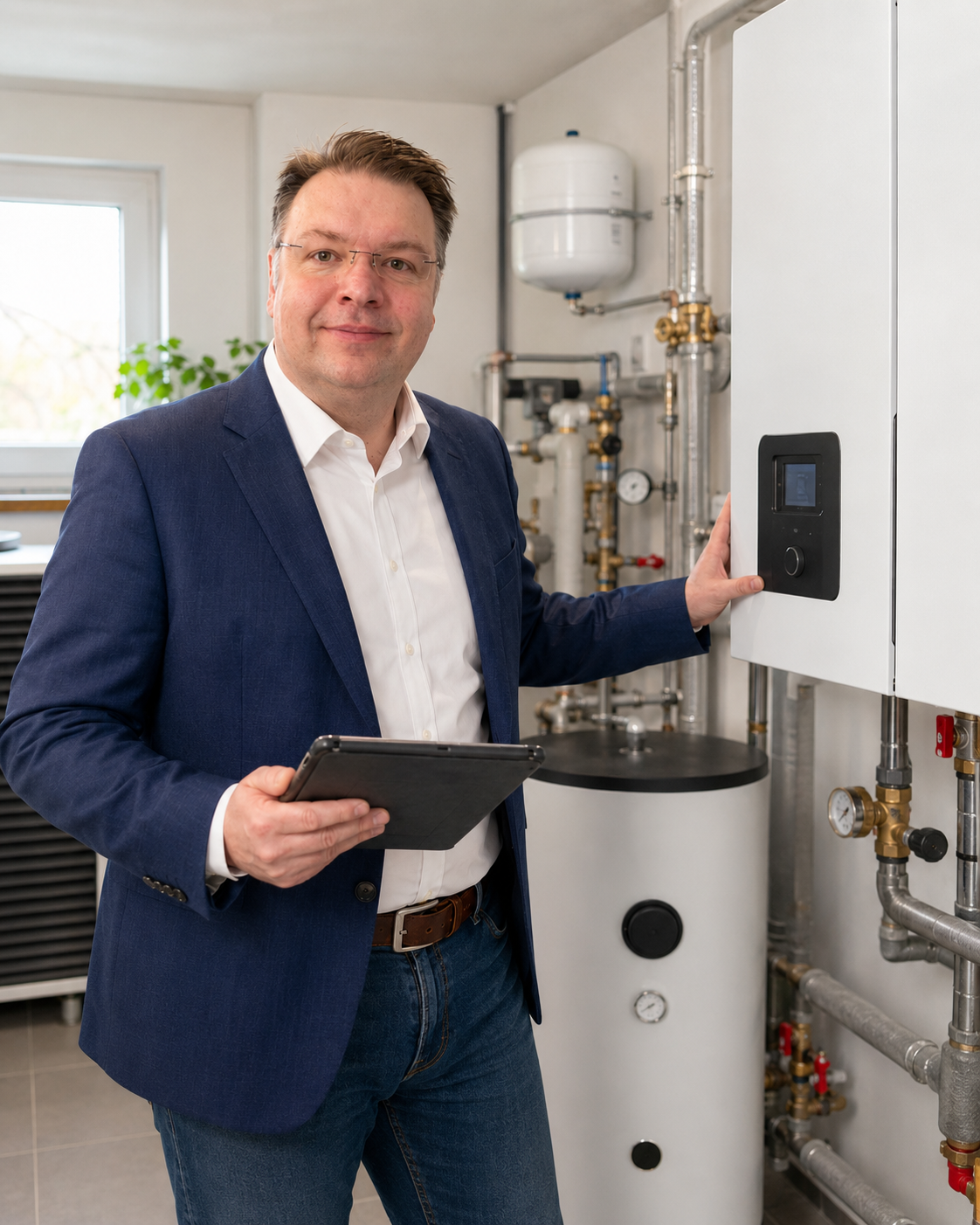 Christoph Kölsch im Heizungsraum neben einer Wärmepumpe